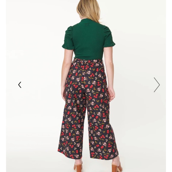Princess Highway x Unique Vintage Navy & Cherry Print Pants, UK 10/US 6 - Picture 3 of 8